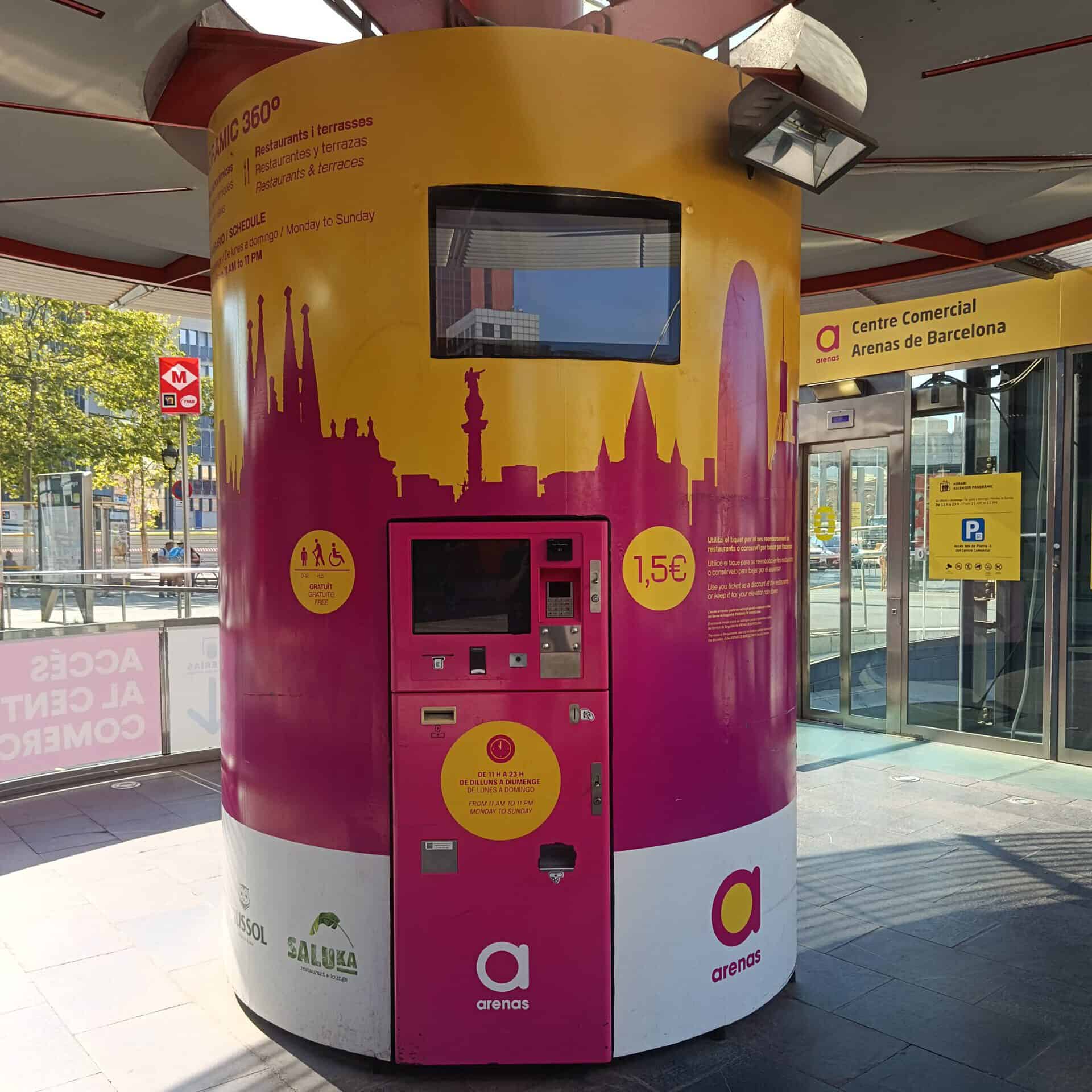 Colorful Barcelona ticket kiosk with skyline silhouette and digital screens.