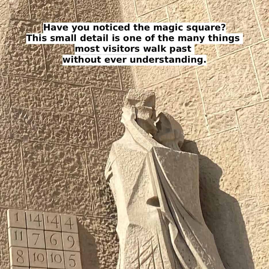 Close-up of a stone sculpture with a hidden detail and text overlay.